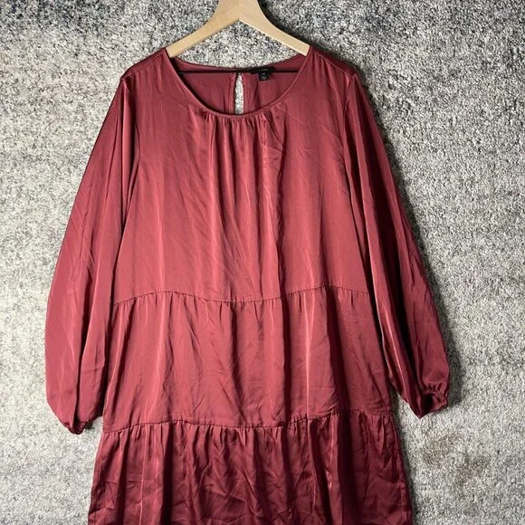 Halogen Dress Womens 2XL Burgundy Tiered Babydoll Long Sleeve Keyhole Ruffle Hem - Picture 1 of 6
